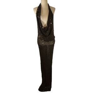 Unknown Sequin Cowl Halter Neck Backless Knit Long Dress